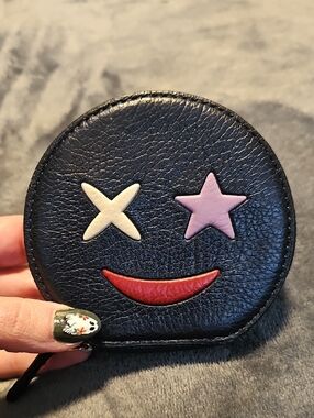 Coach Black Leather Emoji Coin Purse with Pink Star and Red Smile
